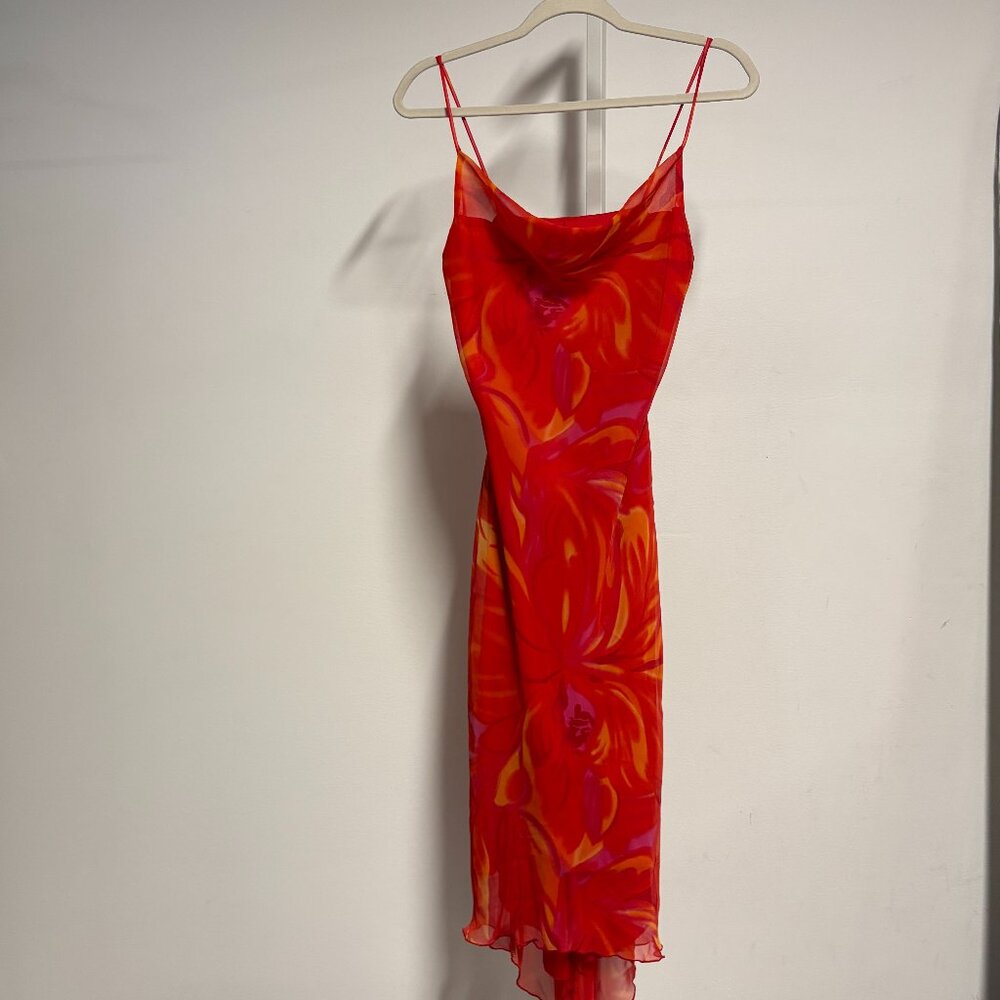 Red Floral Slip Dress with Cowl Neck
